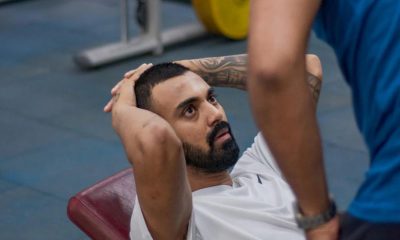 Indian cricket player KL Rahul doing exercise